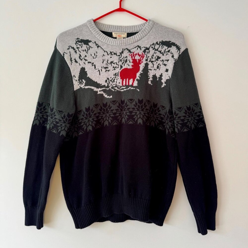 vintage winter outdoor deer moose animal fair isle print cotton knit sweater